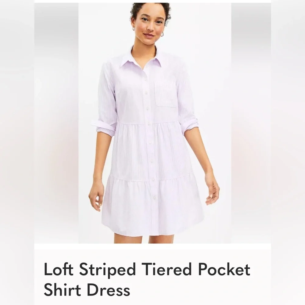 Loft Striped lavender and white Cotton Shirt dress. 3/4 length sleeves. - Picture 1 of 10